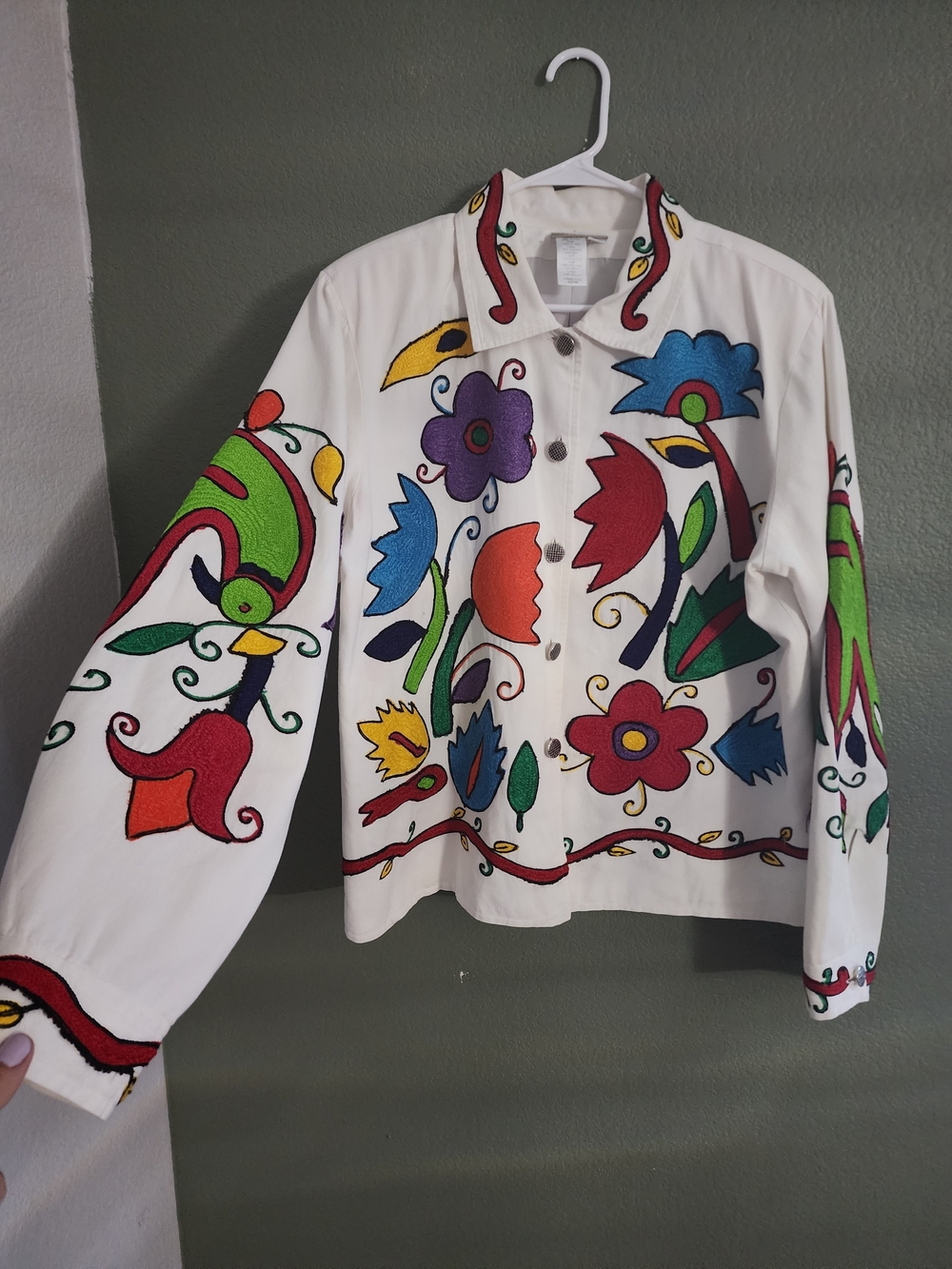 Vintage 90s Coldwater Creek Embroidered Bird Floral Jacket XL Boho Art to Wear - Picture 2 of 9